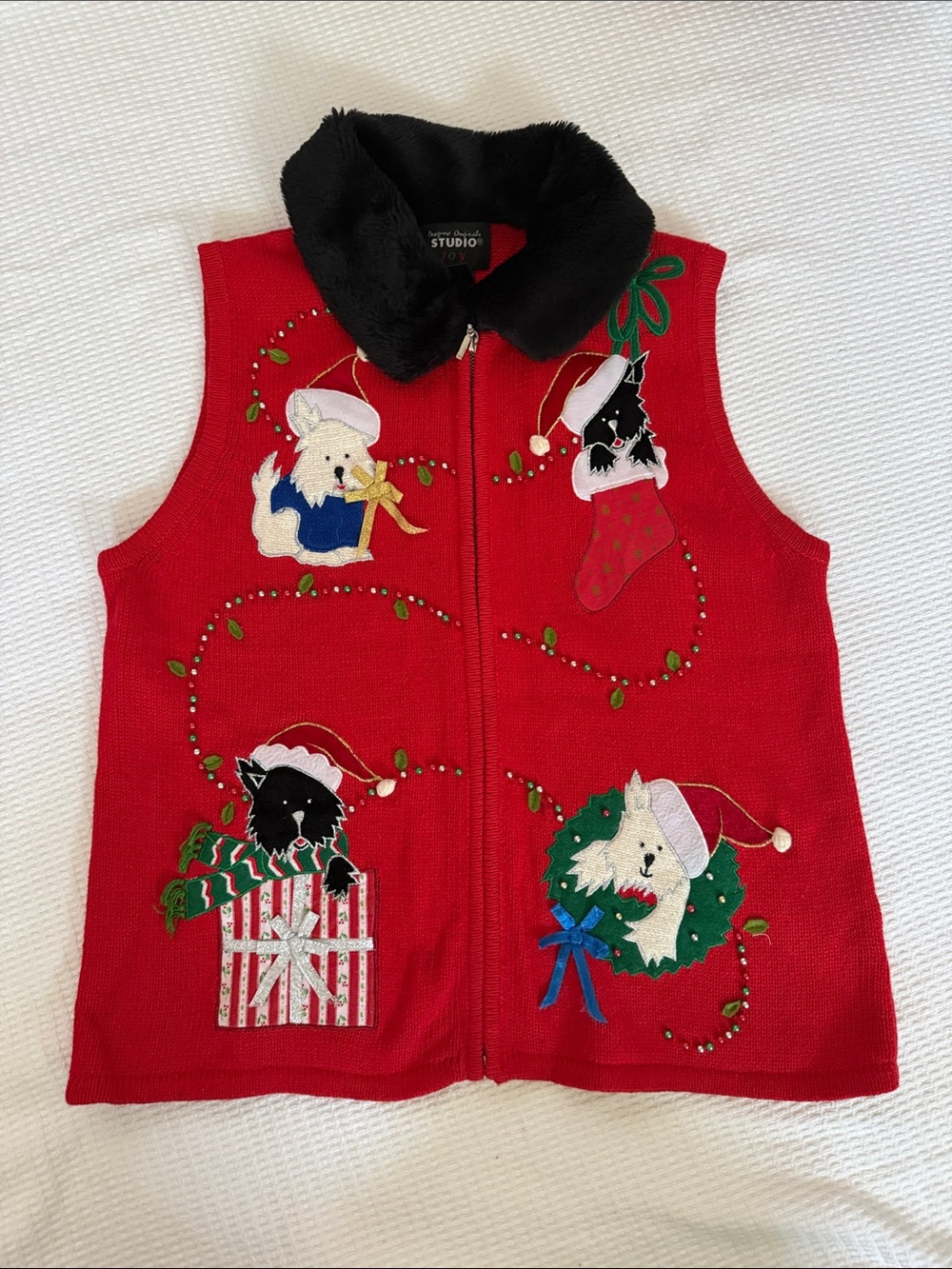 Holiday Dog Appliqué Red Vest with Black Faux Fur Collar